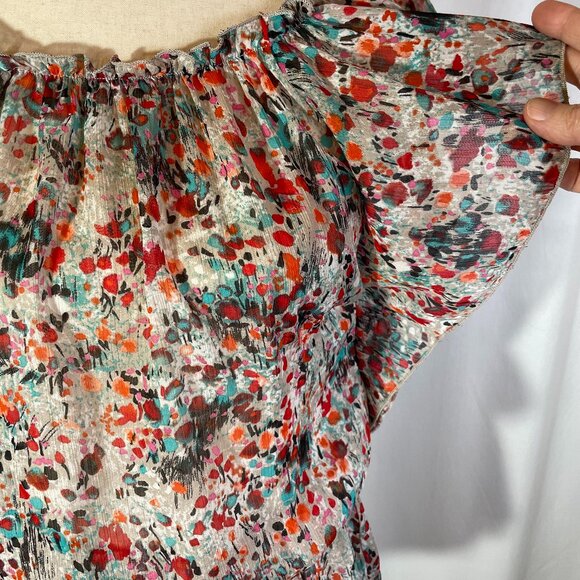 Abstract Floral Print Blouse Size M Short Batwing Sleeves Sheer Multi Color - Picture 2 of 12
